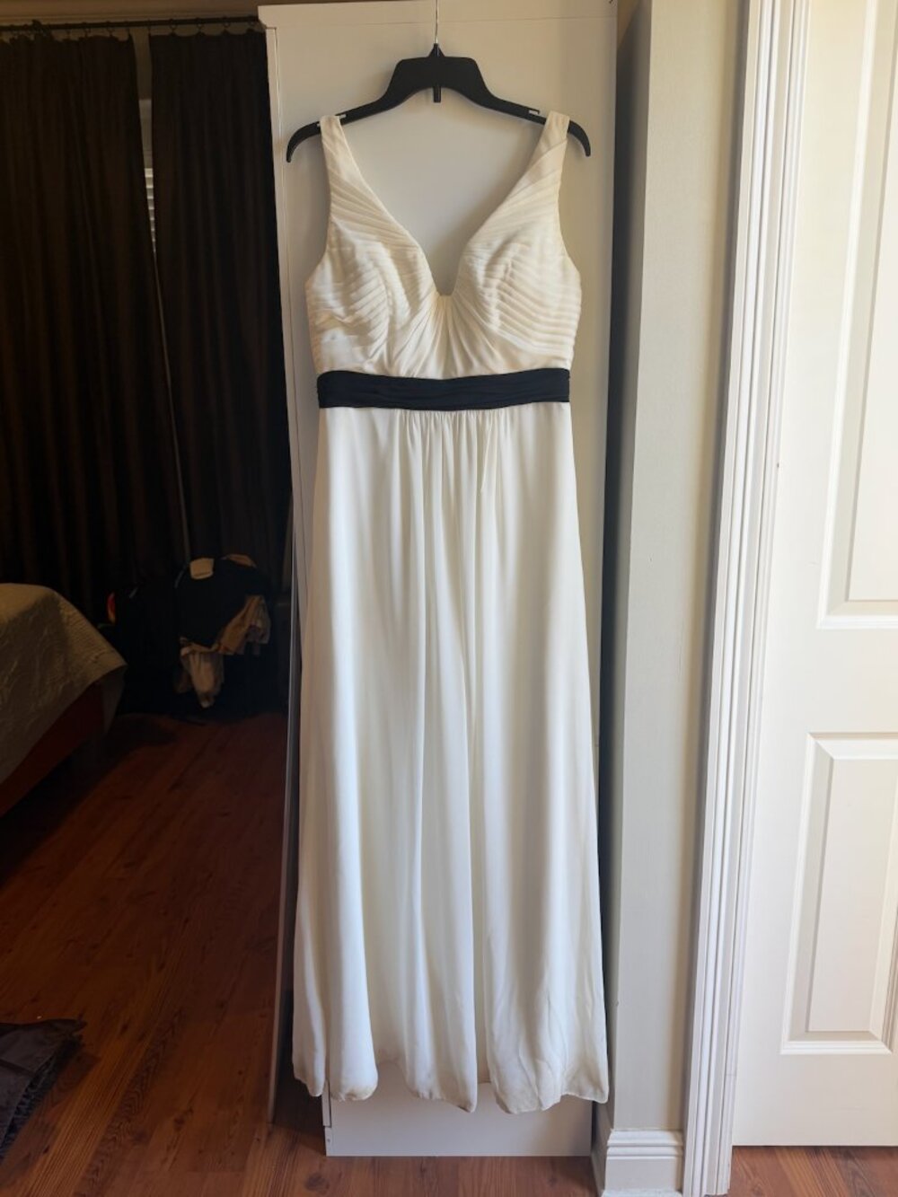 White evening gown with black waistband